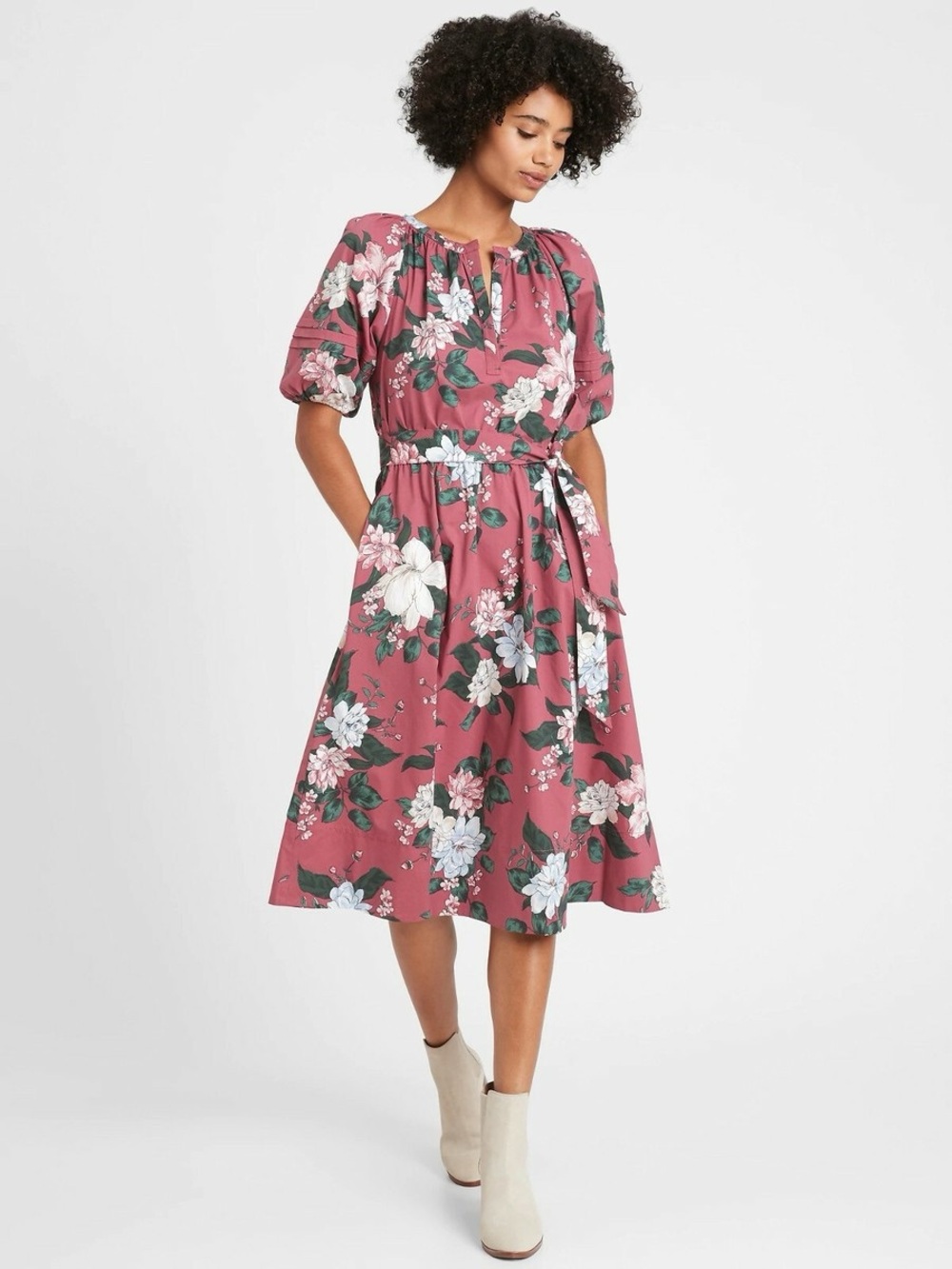 Banana Republic Mauve Floral Tie-Waist Midi Dress